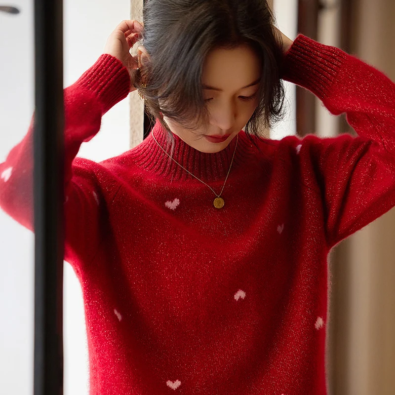 

Loose Long Sleeve Pure Wool Knitted Heart Pattern Sweater Women's Red New Year Top Half High Collar Fashionable Casual Wear