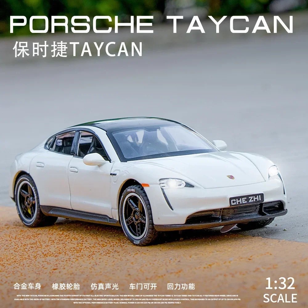 Porsche Taycan-modelo de aleación de Metal fundido a presión, luz de sonido de coche, Colección Pull Back, regalos de juguete para niños, 1:32, A547