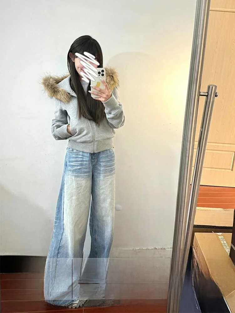 

Женские джинсы с высокой талией и широкими штанинами, осенне-зимние, утепленные, свободного прямого кроя, из денима, в стиле ретро, повседневные брюки