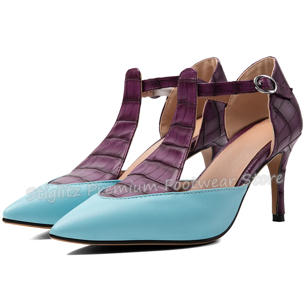 Crocodile Embossed T-Strap Pointed Toe High Heel Pumps Women Mixed Color Ankle Buckle Stiletto High Heel Sandals Plus Size 36-47