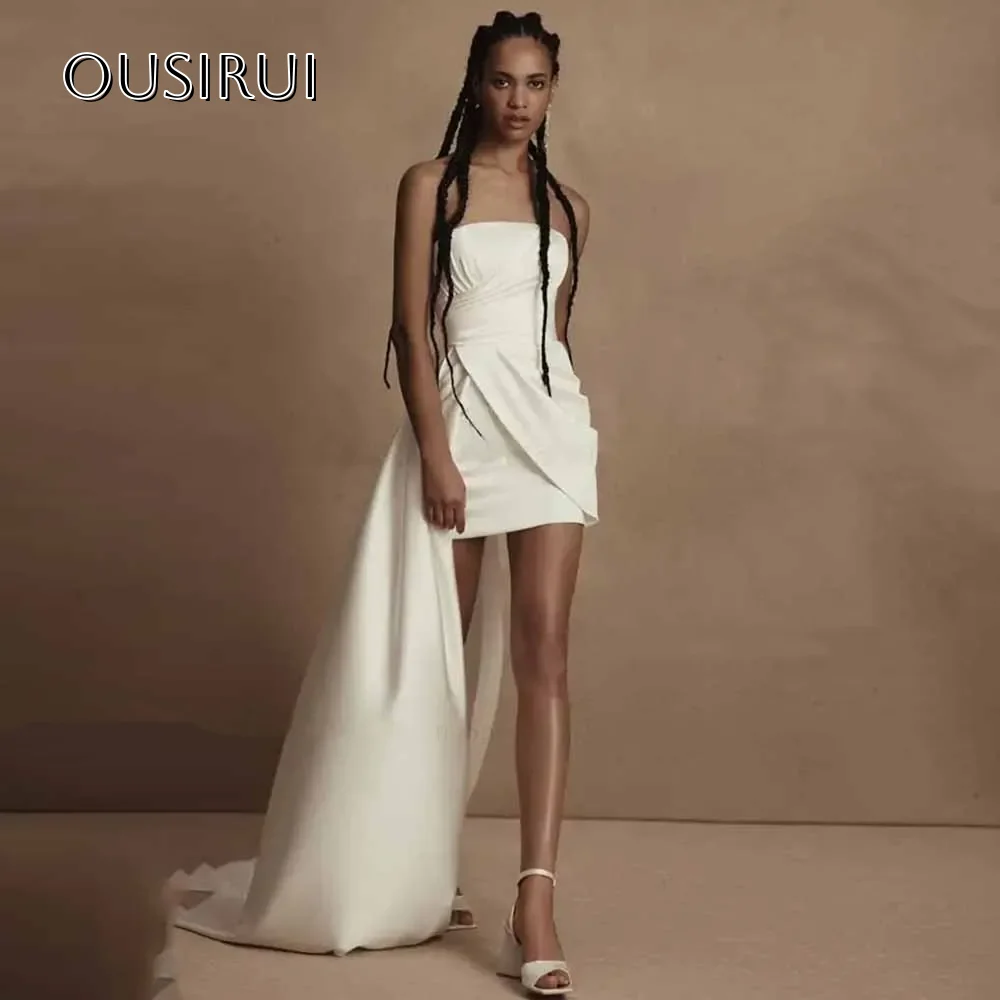 고품질 새틴 웨딩 드레스 Strapless 맞춤형 Ruffled 민소매 신부 드레스 Sweep Train robe de mariée