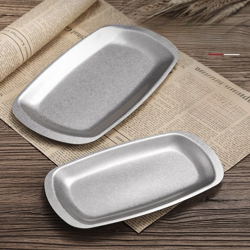 

Винтажный потертый прямоугольный поднос из нержавеющей стали, плоская тарелка, блюдо для закусок, десертное блюдо, коммерческий поднос для барбекю