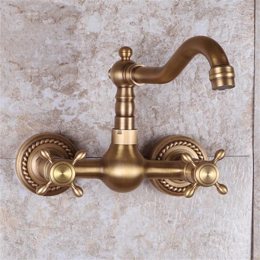 

Wall Mounted Double Cross Handles Lavatory Basin Sink Mixing Faucet ,Solid Brass Antique Brass Faucet for Bathroom