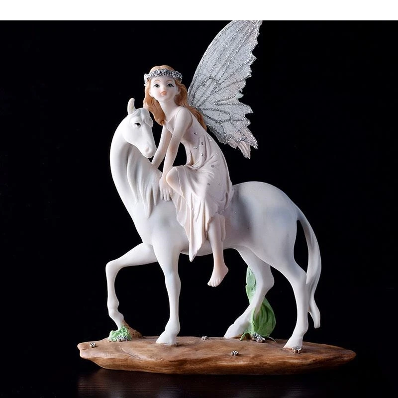 Flower Fairy Girl Riding A White Horse Characters Resins Angel Ornaments Desk Decoration Figurines Statue Modern Home Decor