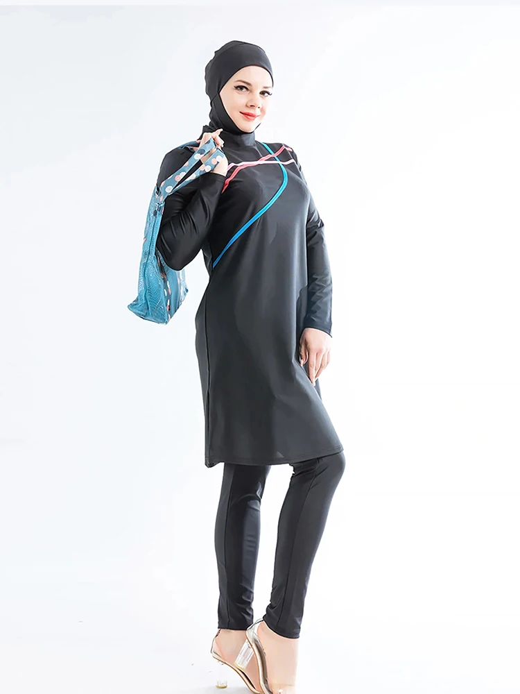 Muslim Swimwear Women Modest Patchwork Hijab Long Sleeves Sport Swimsuit 3pcs Islamic Burkinis Wear Bathing Suit image 5