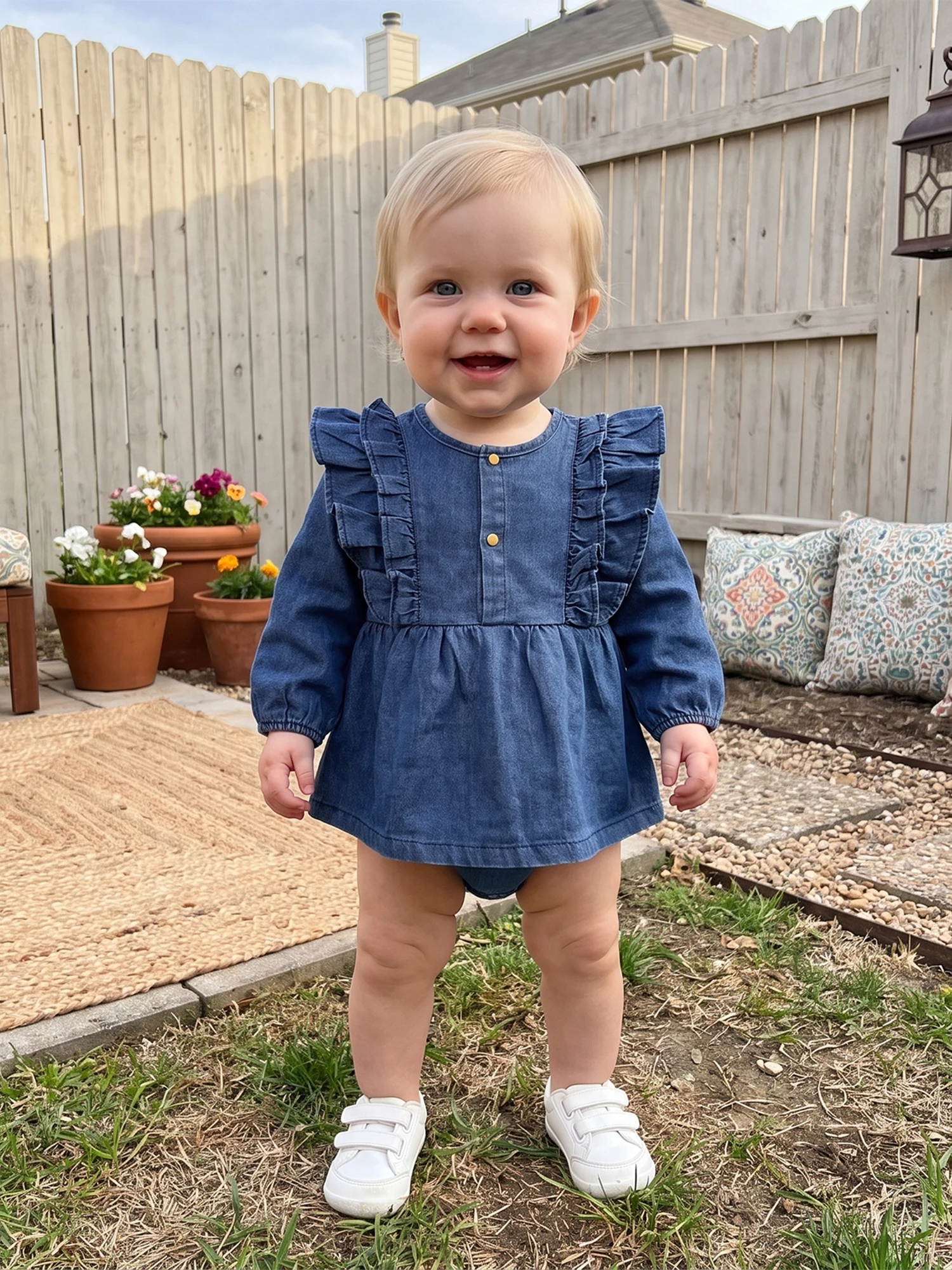 Fall-Bodysuit-Adorable Romper Dress Adorable Long Sleeve Fall Bodysuit Denim Round Neck Denim Baby Girl Fall Long Premium
