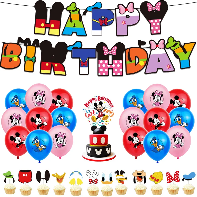 Disney Mickey Theme Party Decorations Party Balloon  Happy Birthday Banner Cake Topper Kids Toys Large Parties Supplies Set Gift