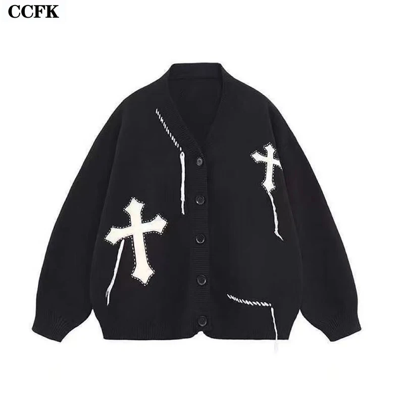 Emo Clothes Harajuku Goth Cross Cardigan Sweater Black Punk Grunge Vintage Jumper Autumn Oversized Fashion Streetwear Y2K Sweet