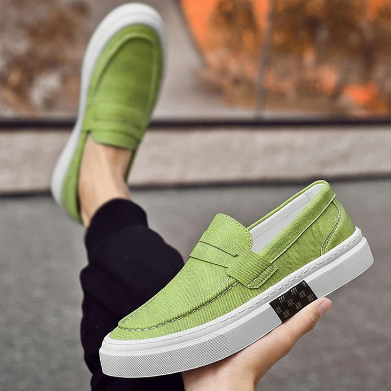 Men's Green Canvas Loafers Casual Slip-On Platform Sneakers Lightweight Comfortable Penny Loafers for Man Flats Walking Shoes