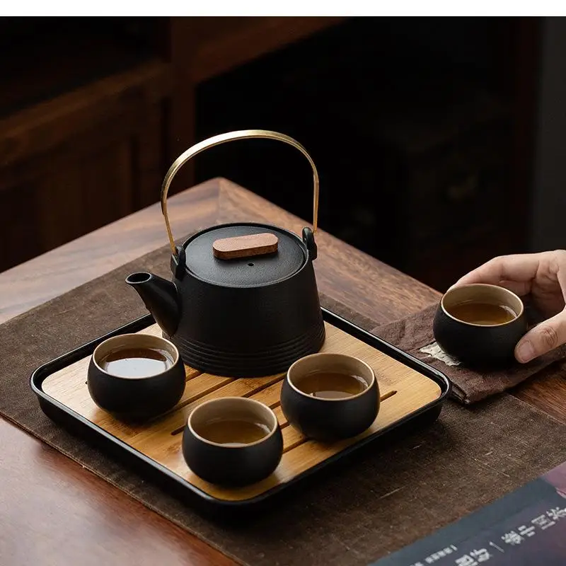 Quality Chinese Tea Set Hand-held Black Ceramic Teapot Teacup Kung Fu Box Purple Sand Charm Pet Ceremony