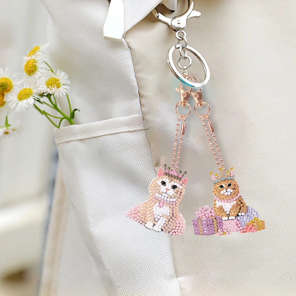 

6/8PCS Full Drill Keyring Crown Cat Princess Double Sided Diamond Painting Keychain for Beginners Adults Art Craft Supplies