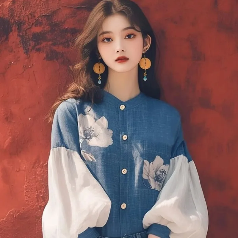 

Vintage Women's Shirts Spring/summer New Chiffon Print Women Blouses Loose Long Sleeve Top Patchwork Korean Clothing Sales