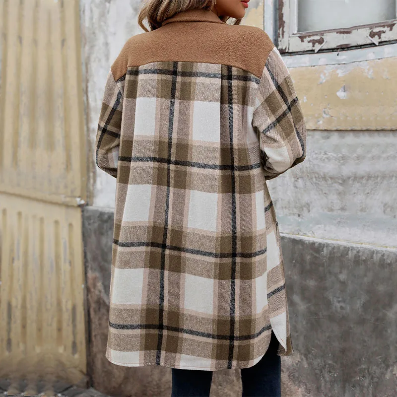 2024 new fall/winter women's fashion ground wool long plaid shirt coat