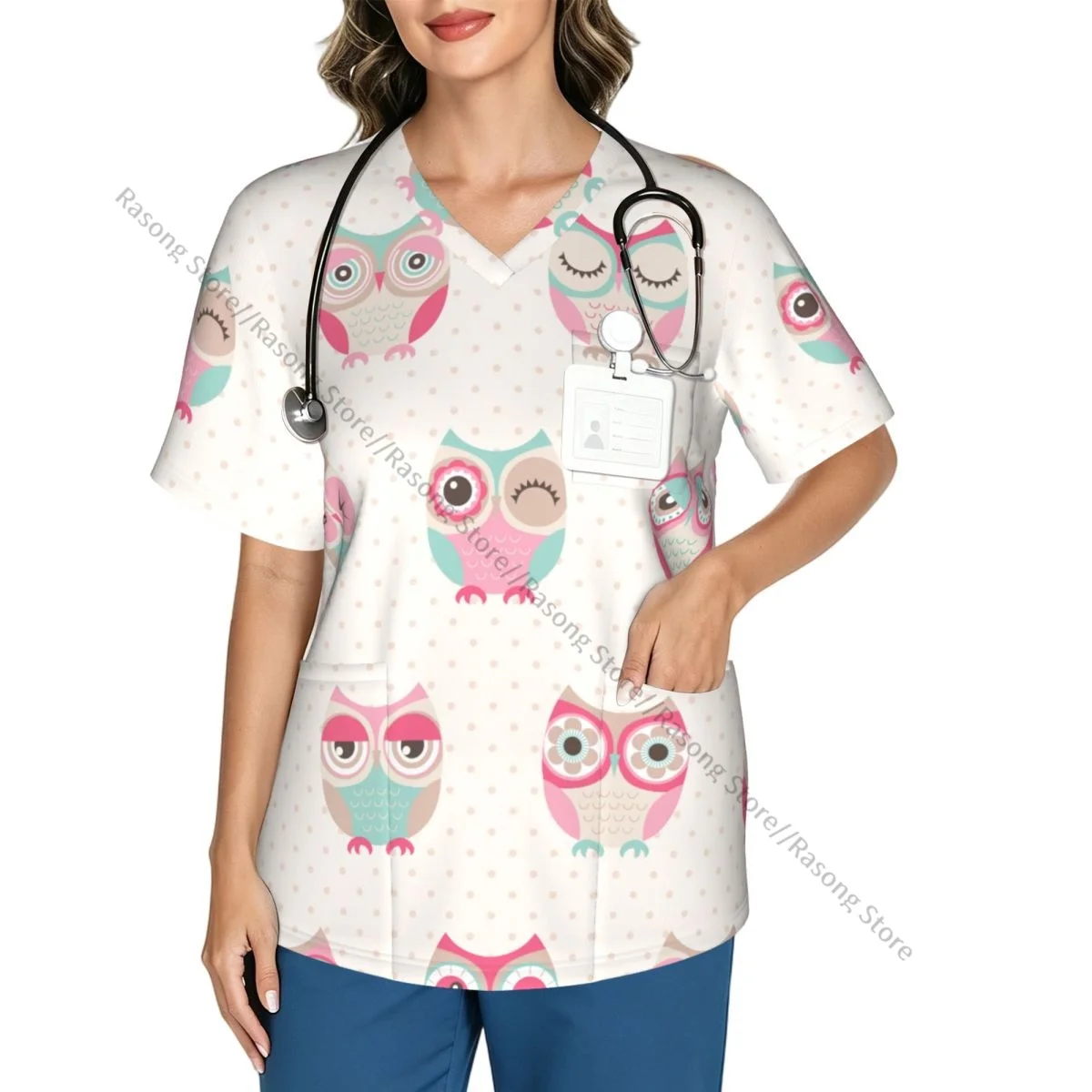 Women's Scrub Tops Short Sleeve Workwear Shirts V Neck Fitness Nursing Uniform Owls Birds Pullover Spa Doctor Nursing Shirt