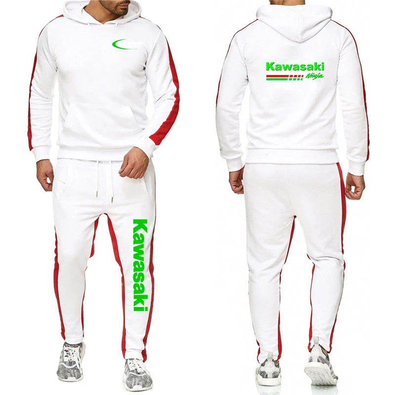 Spring Autumn Man Two-piece Set Solid Color Sets Kawasaki Motorcycle Racing Logo Print Cool Hoodies+Sports Pants Fashion Suits 2
