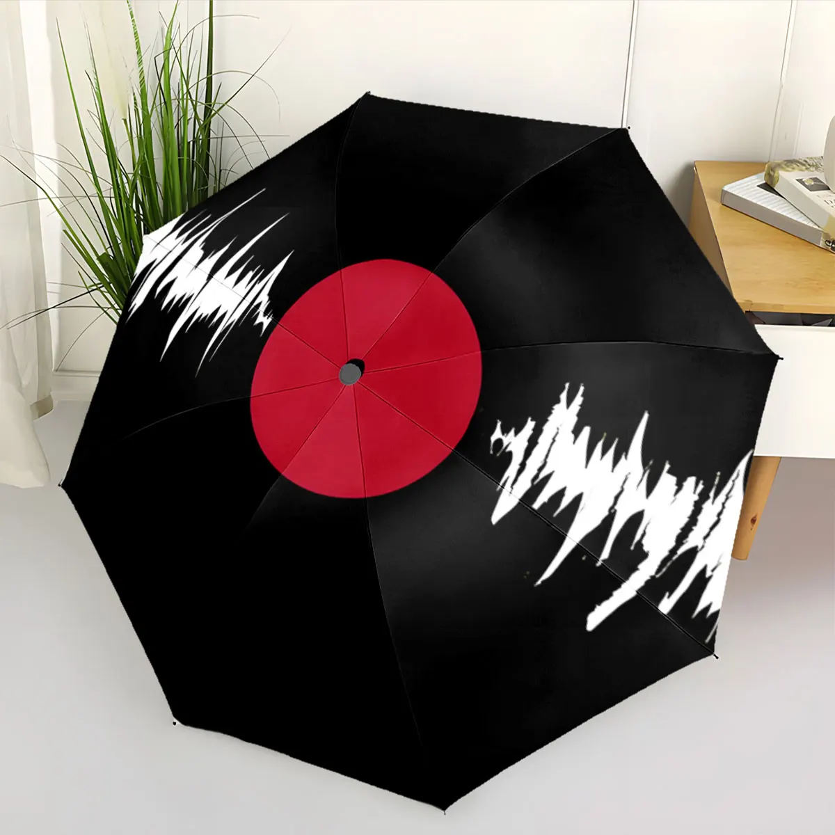 1PC Black Umbrella with Modern Graphic Design Print 8 Iron Ribs Folding Umbrella Auto-Open Fashion Sunshade