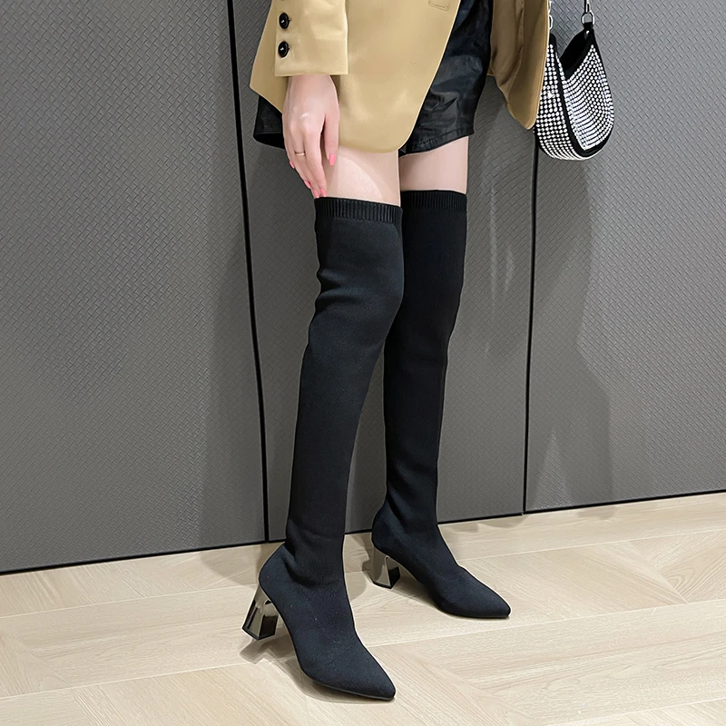 

Winter New Fashion Pointed Toe Square High Heels Stretch Fabric Over The Knee Women Shoes Boots Botas Thigh High Boots