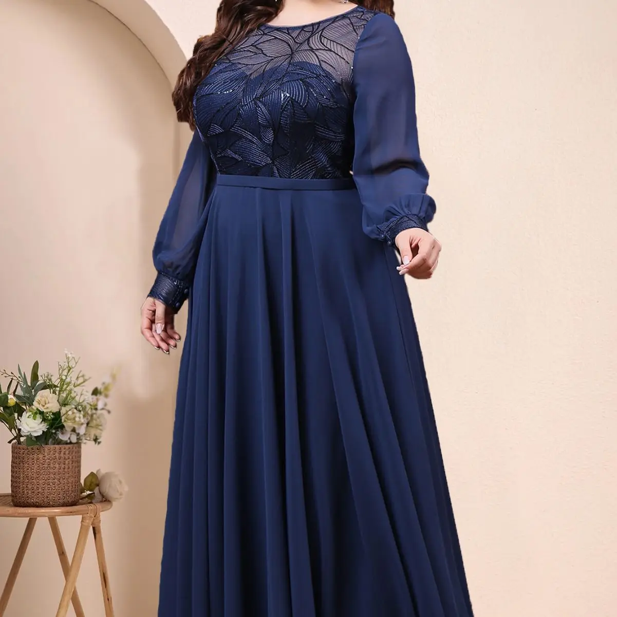 Plus Size Elegant Dress Round Neck Chiffon Mesh Sequins Long Sleeve Evening Gowns Large Fashion Party Wedding Bridesmaid Dresses