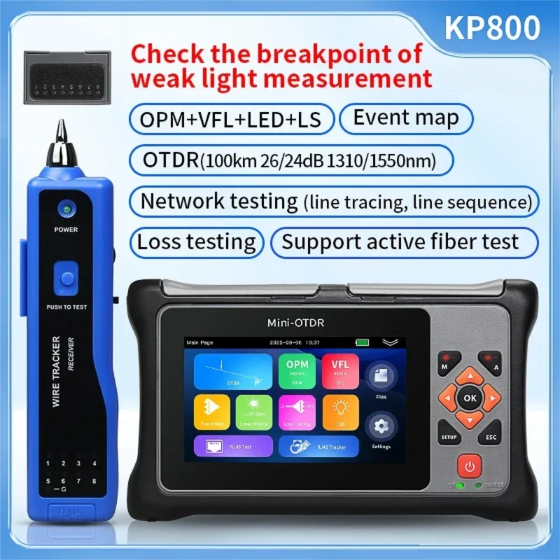 KP800 Mini-OTDR 100KM 26/24dB 1310/1550nm Active Fiber Live Tester Optical Time Domain Reflectometer Built-in OPM VFL LED LS