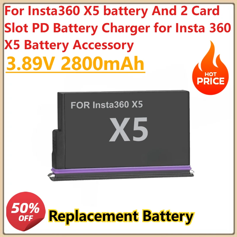 

3.89V 2800mAh Rechargeable Battery for Insta 360 X5 Accessory For Insta360 X5 battery And 2 Card Slot PD Charger