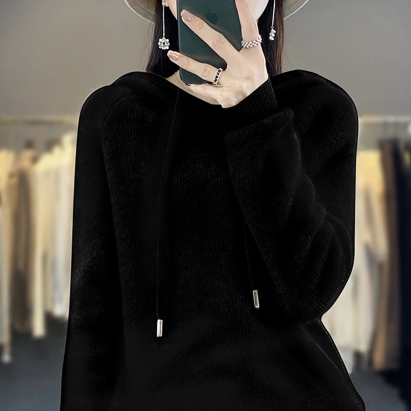 Classic Hoodie Women Knitwear Cashmere blend Pullover Fashion Wool Sweater Vertical stripe style Thick Warm Loose Basics Tops