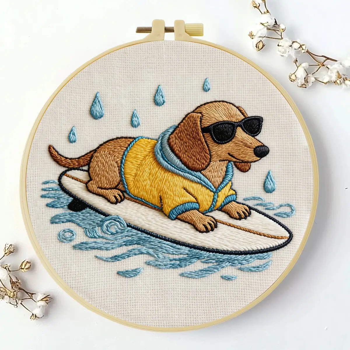 1 Stück 20x20cm/15x15cm 7,87/6,3 Zoll Hund beim Surfen Stickerei-Starter-Kit DIY-Kit DIY-Stickerei-Set für Anfänger – Detail 2