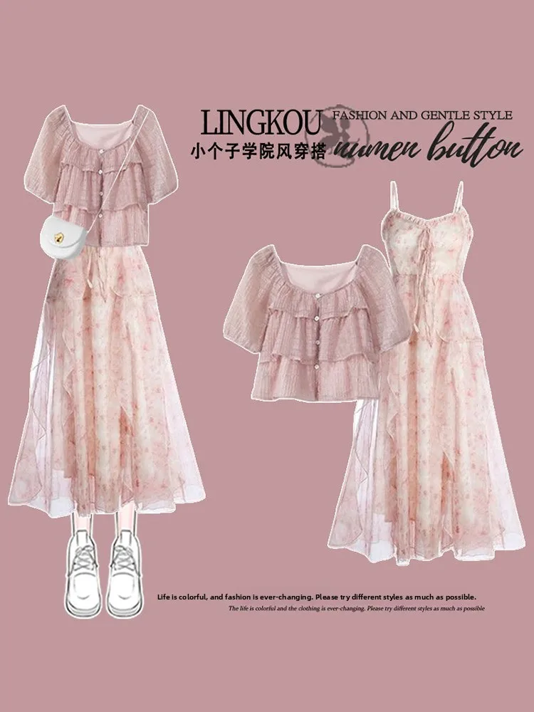 

Summer Fashion Floral Print Two-Piece Set Women's Gentle Style Short Sleeve V-Neck Dress And Top Slimming Effect College Style