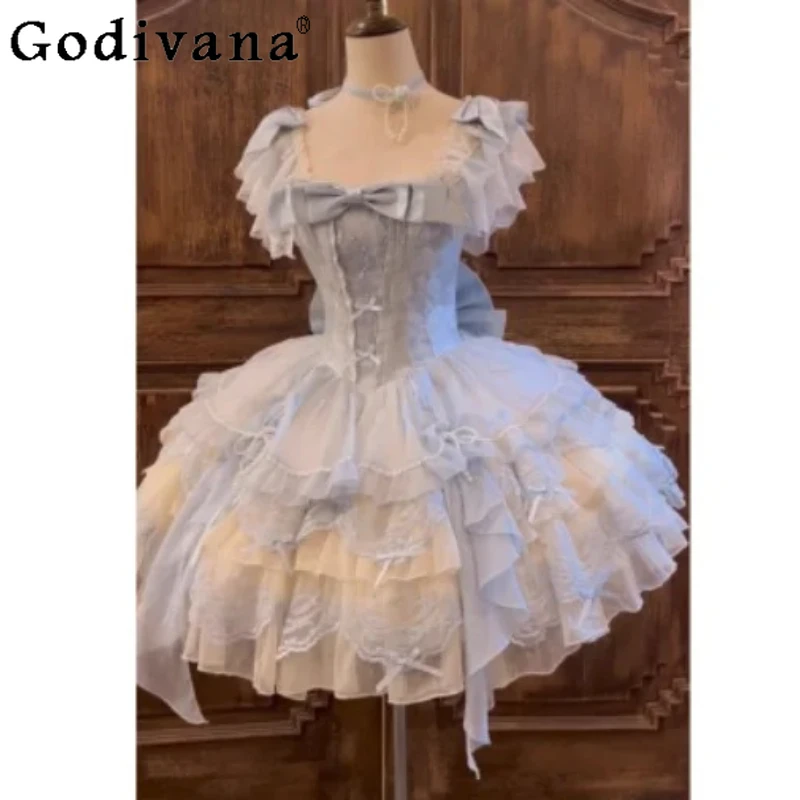 Blue Ballet Exquisite Embroidery Lolita Bow Princess Dress Girl Sweet Ruffles Elegant Square Neck High Waist A-line Cake Dresses
