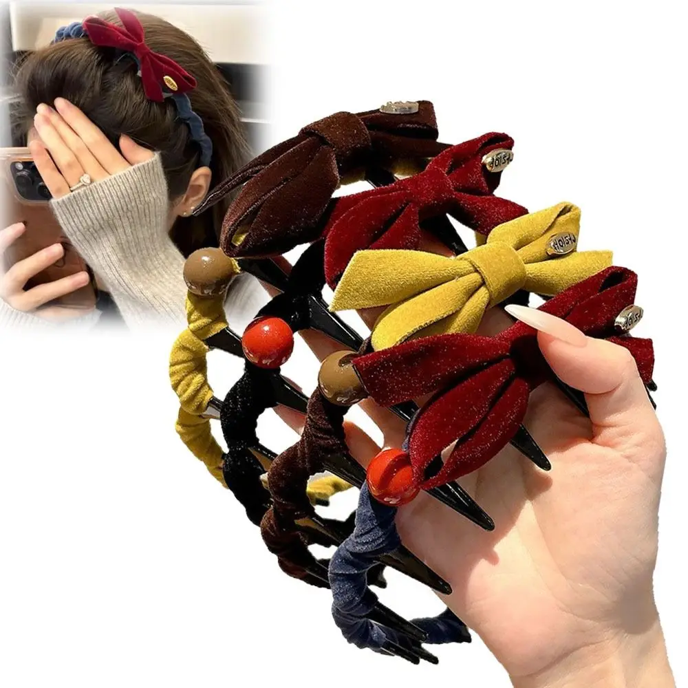Retro Flocking Bow Headband U-shaped Tooth Comb Non-slip Hair Bands Hair Accessories New Year Hair Styling Accessories