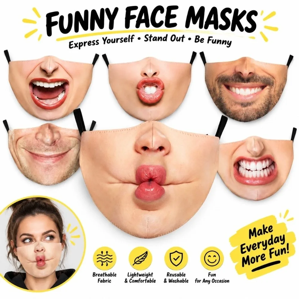 Breathable Fabric Funny Face Print Mask Reusable Non Disposable Human Face Expression Mask Skin Friendly Warm Face Cover