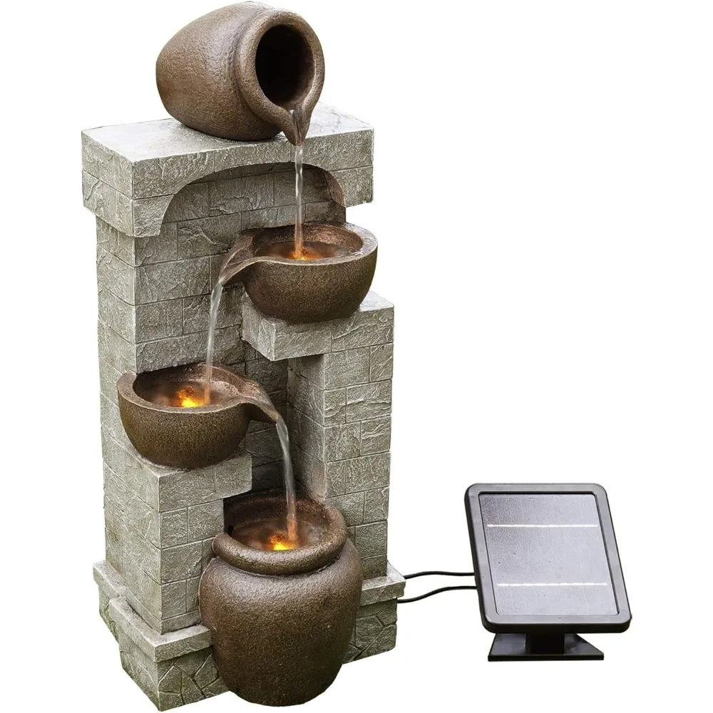 28 in. Cascading Bowls and Stacked Stones LED Outdoor Water Fountain for Outdoor Living Spaces to Create a Calming Oasis