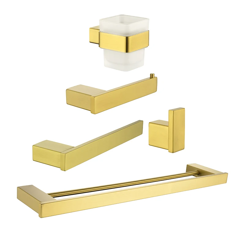 Brushed Gold Stainless Steel Bathroom Wall Mount 5-Piece Set Double Towel Bar & Paper Holder Hook Tooth brush Holder Towel Ring