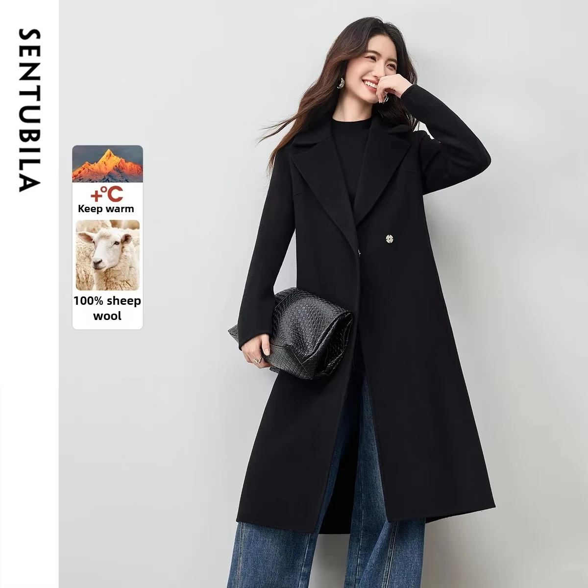 

SENTUBILA женские шерстяные длинные пальто, осень 202, двусторонние шерстяные куртки, модная женская одежда с однотонным поясом для поездок на работу W54OG3689X
