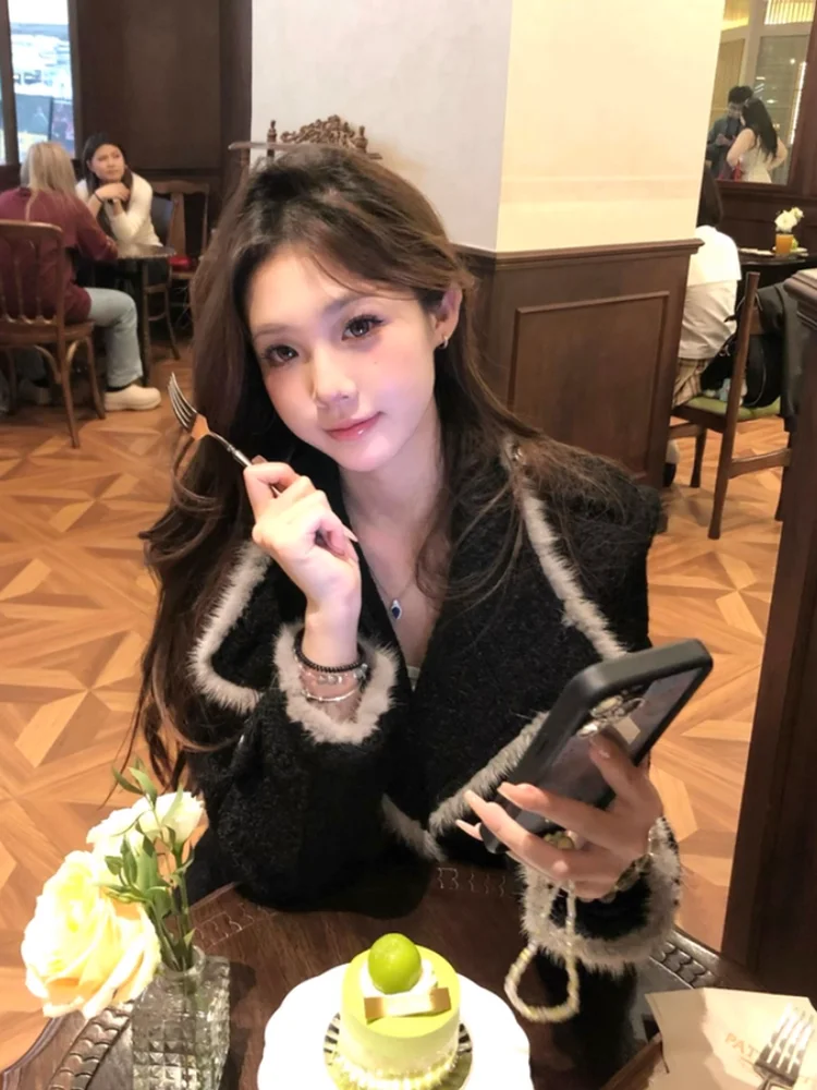 Korean Sle Women's ort Coat Winter 2025 New Loose Fit Woolen Jaet Collar Design Polyester Fiber Long Sve Regular Length