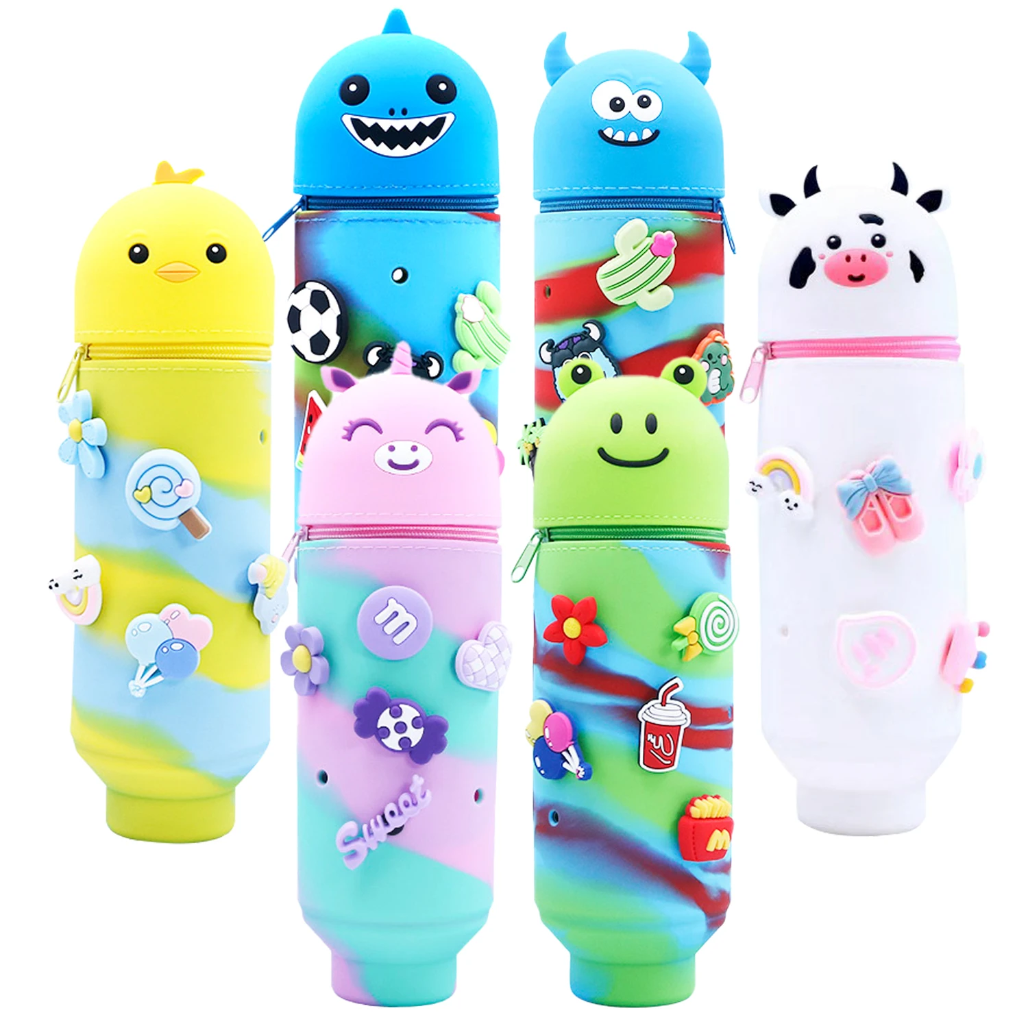 Cartoon telescopic pen holder foldable stationery bag cute animal silicone pencil box standing pencil case