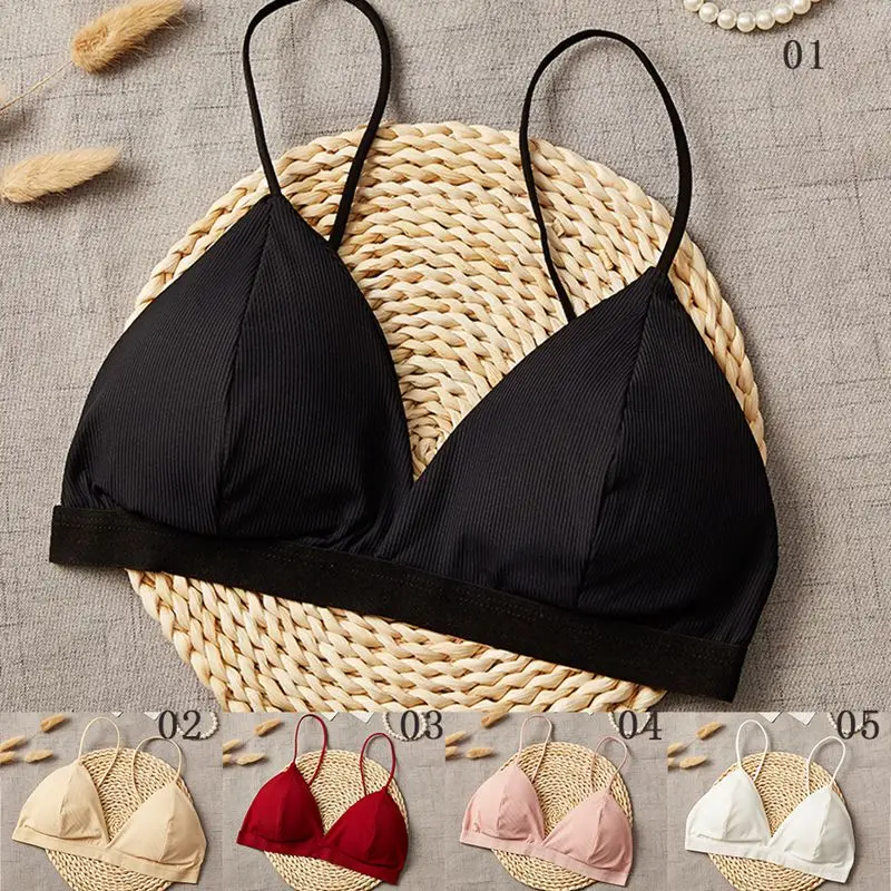 Women\'s Triangle Cup Bra French Style Thin Shoulder Strap Beauty Back Underwear Sexy Deep V-Neck Solid Color Tube Top Summer