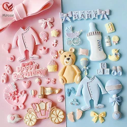 Mirosie série bebê moldes de silicone cozimento carrinho de bebê dos desenhos animados garrafa pé transporte chupeta chocalho silicone fondant bolo molde