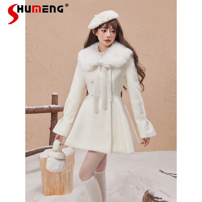 Sweet Woman Woolen Coat with Fur Collar 2023 Winter New Elegant Cute Long Sleeve Slimming Waist Mid-length Coats for Women