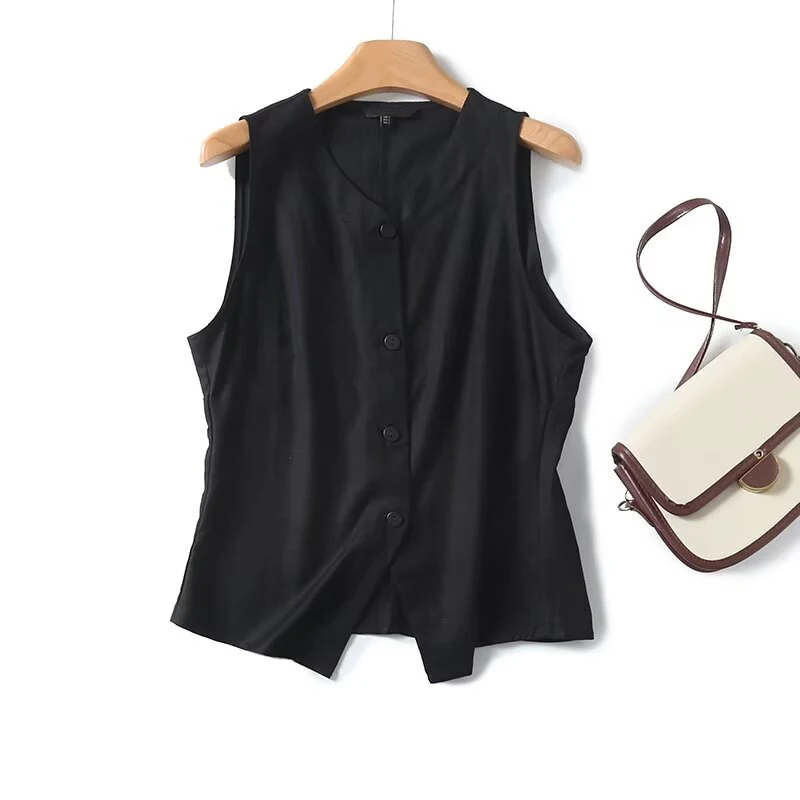 

YENKYE 2024 Women Black V Neck Linen Blazer Vest Sexy Sleeveless Single Breasted Office Lady Waistcoat Summer Chic Crop Top