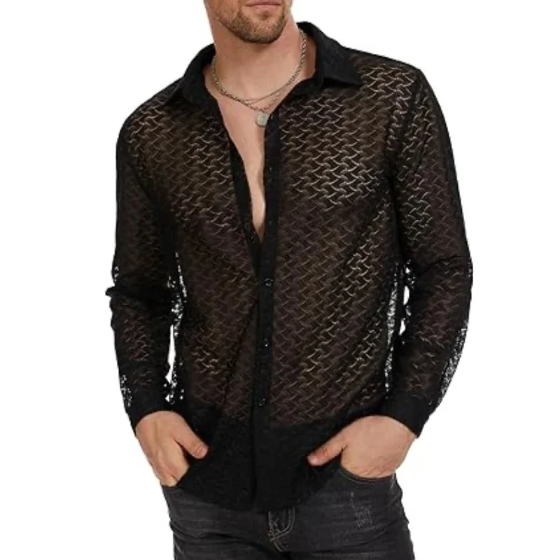 

2024 Spring Autumn Mens Sexy Shirt Tops Long Sleeve Buttoned Lapel Cardigan Shirts Vintage Jacquard See Through Mesh Shirts Men