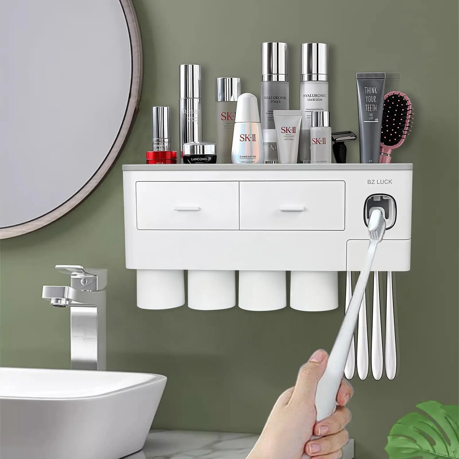 Wall Mounted Toothbrush Holder Automatic Toothpaste Dispenser Squeezer with 2-4 Magnetic Cups No Drill Bathroom Storage Organizer Rack Space Saving Shelf Multi-Functional Bathroom Accessories Set