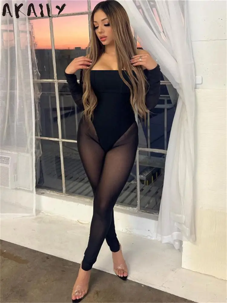 

Akaily Sexy Black Off Shoulder Bodycon Jumpsuit Night Club Outfit For Women 2023 Fall Winter High Waist Jumpsuits Mesh Patchwork