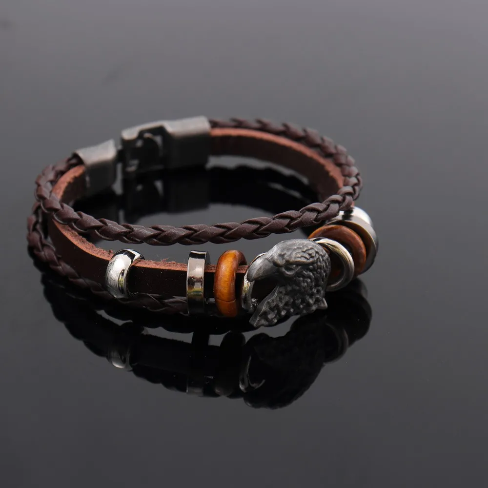 Alloy Eagle Head Design Multilayer Handmade Wove Leather Bracelet Vintage Men Casual Fashion Hand Chian Jewelry Accessory Gift