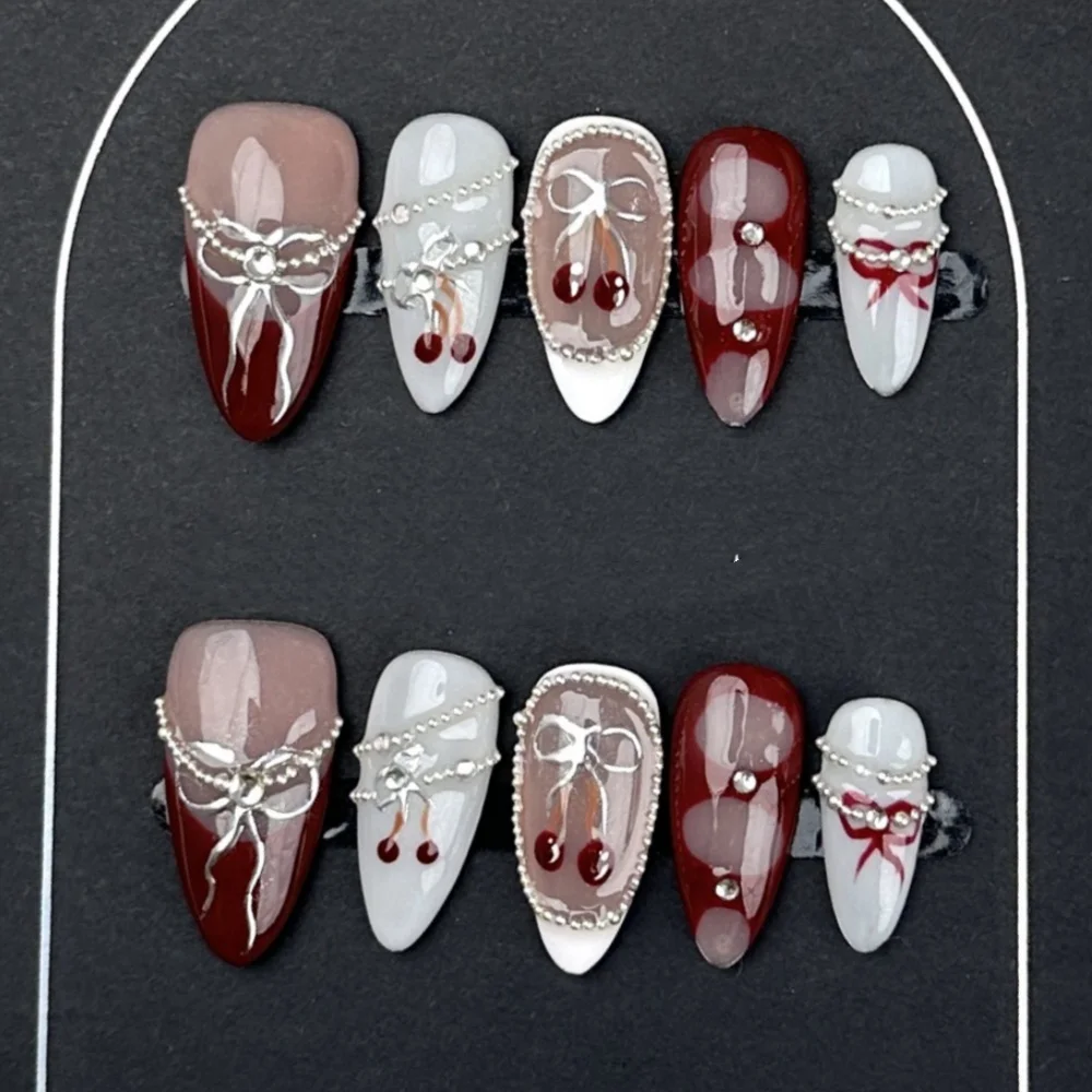 10st Amandel Handgemaakte Nepnagels Sets Zomer Strass Parel Gradiënt Roze Valse Nagelkunst Wearable Druk op Nagels Tips Manicure