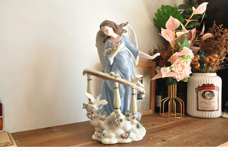 Ceramic Handicrafts Flower Holding Angel Girl Sculpture Porcelain Angel Figurine Home Room Decoration Bithday Gift Wedding Decor