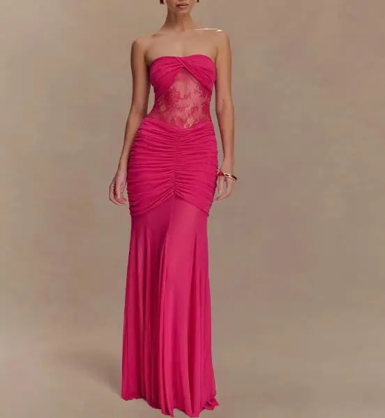 

Womens Dress Summer New Sleeveless Strapless Long Dress Sexy Spicy Girl Pleated Hollow Slim Fit Dress Gorgeous and Elegant Dress