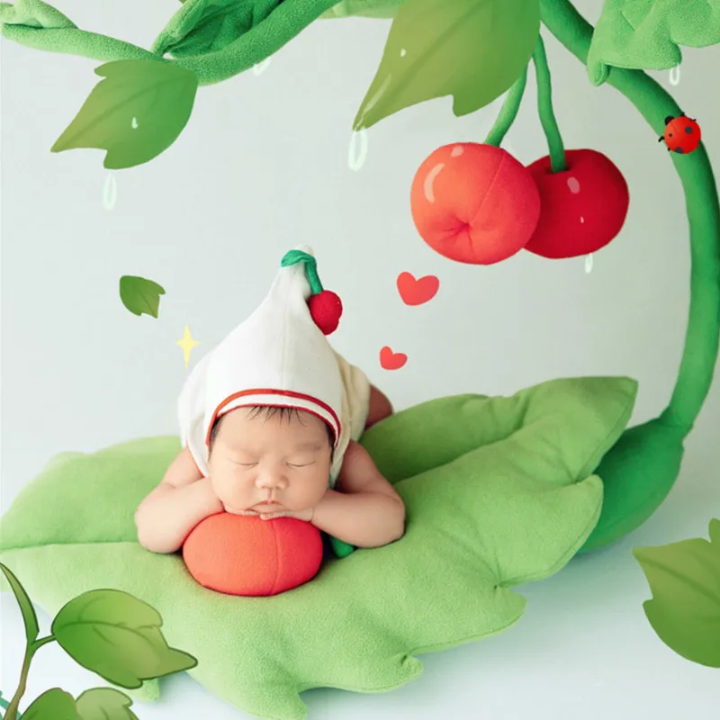 ❤️Newborn Photography Clothing Hat+Jumpsuit+Cherry Tree+Cherry+Leafage 5Pcs/Set Studio Baby Photo Props Clothes Outfits