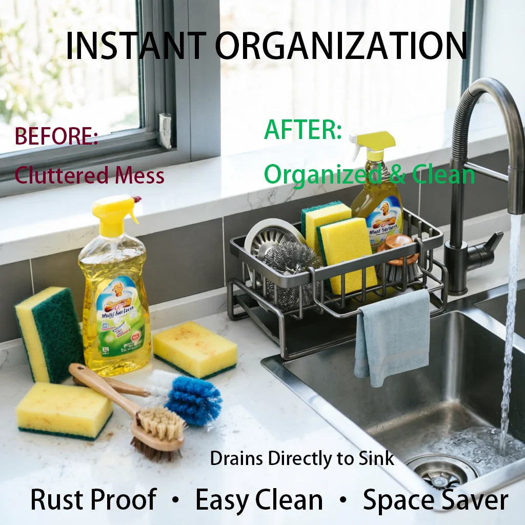 

Sink Caddy Organizer - Stainless Steel Sponge Holder with Drain Tray | Kitchen Sink Organization for Soap, Brush, Scrubber |