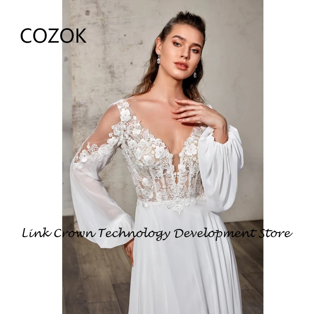 COZOK Strapless Full Sleeve Wedding Dresses for Women Sweep Train Bridal Gowns 2024 Summer New Chiffon Vestidos De Novia Lace