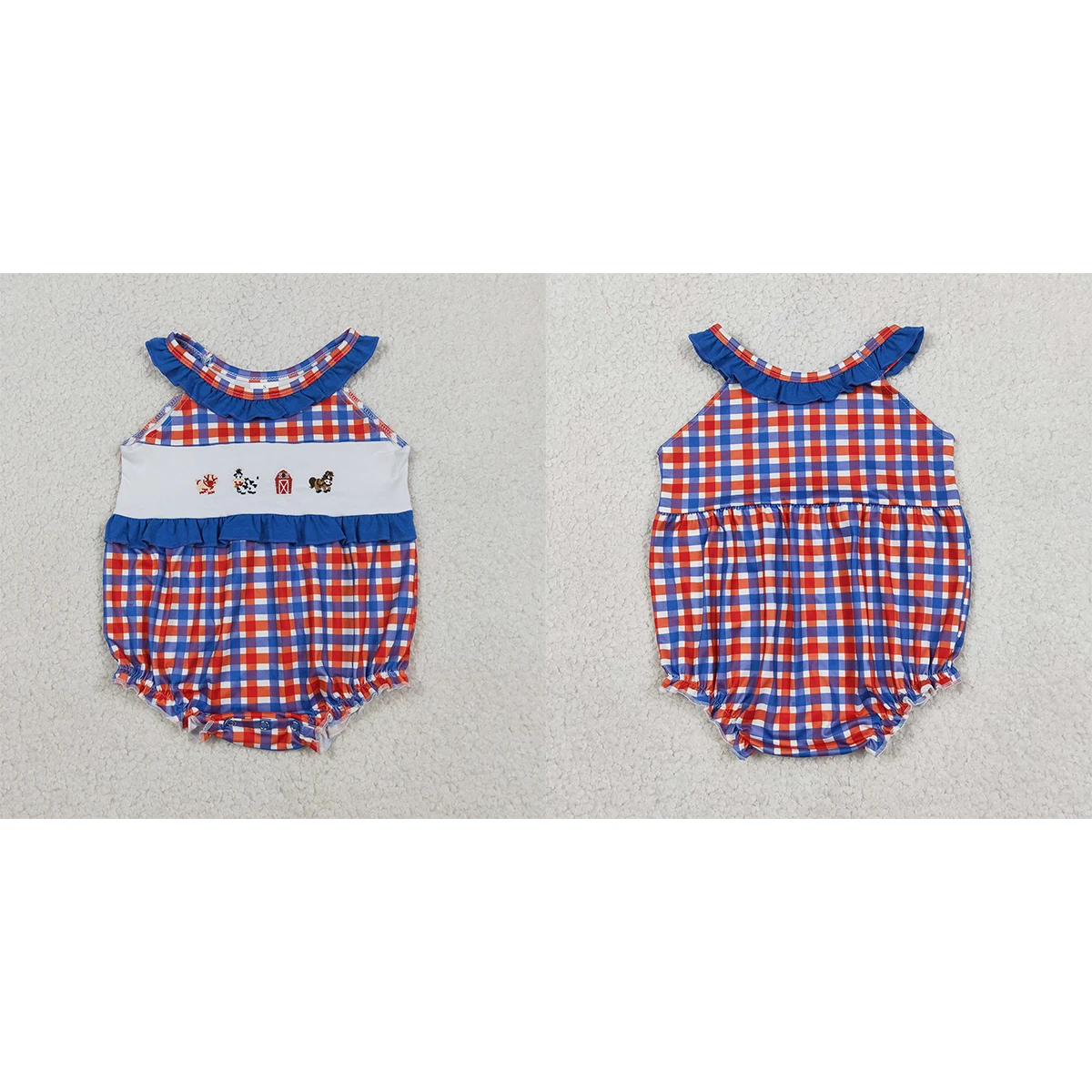 

Baby Girls Clothes Kids Embroidery Cow Pig House Red Blue Checked Farm Ruffle Rompers Toddler Infant Bubble Newborn Cute Romper